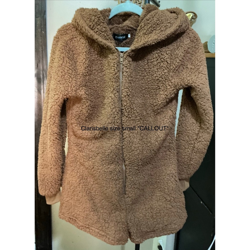 Clarisbelle Brown Teddy Bear Sherpa Zip Up Hooded Romper Small Onesie Pajamas